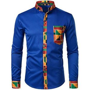 PARKLEES Heren Afrikaanse Dashiki Tribal Graphic Patchwork Lange Mouw Gedrukt Grandad Kraag Shirt, Pzzcl46-koninklijk, S