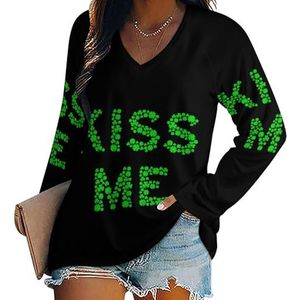 Kiss Me Shamrock Clover Dames Casual Lange Mouw T-shirts V-hals Gedrukt Grafische Blouses Tee Tops L