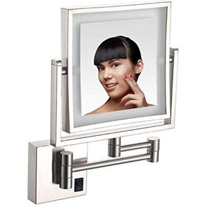 YLTXMCZT 8 inch badkamer scheerspiegel vierkante wandgemonteerde kaptafel spiegel draaibaar geborsteld nikkel 3x vergroting dubbelzijdig, met stekker