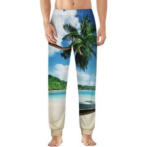 Seychellen strand met palmbomen landschap heren pyjama broek zachte lounge bodems lichtgewicht slaapbroek