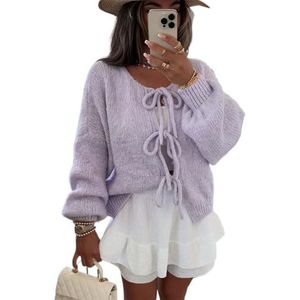 Trui Met Strik Aan de Voorkant, Gebreide Trui Met Strik Aan De Voorkant For Dames, Oversized Dikke Cropped Cardigan Truien For Dames - Lange Mouwen(Purple,XL)