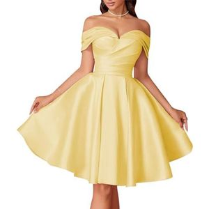 HPPEE Dames off-shoulder satijnen thuiskomst jurken geplooide A-lijn baljurk knielengte cocktailjurk feestjurk, Geel, 34
