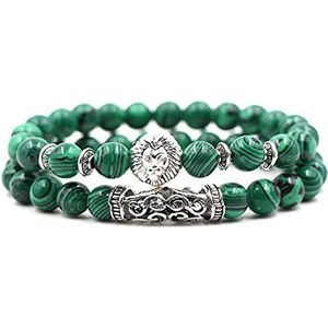 Handgemaakte kralenarmband, Groen Gestreepte Malachiet Met Zilverachtige Leeuw Chakra Armband Dubbellaags Rekbare Armband WomenmensJewelry Gifte