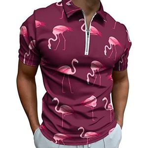 Cartoon roze flamingo vogel heren poloshirt met rits T-shirts casual korte mouw golf top klassieke pasvorm tennis tee