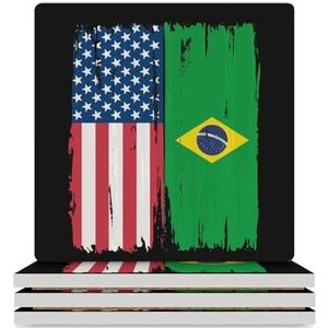 USA Brazilië Split Vlag Gepersonaliseerde Onderzetters voor Drankjes/Bruiloft/Gift/Nieuw Thuis Grappige Onderzetters Set van 4/6 Vierkant 3.7 Inch