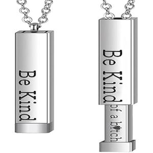 Be Kind...Of A Bich Verborgen boodschap ketting Be Kind of ab Verborgen ketting 3D-gravure verticale staafketting roestvrij staal Wees vriendelijk ketting for vrouwen (Color : Square-Silver)
