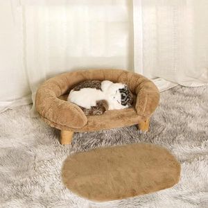 Verhoogd huisdierbed, kattenhondkrukbed met stevige houten poten, huisdierstoel, pluchen huisdierbed, ronde warme knuffelkennel, zachte puppybank voor kleine hondenkittens, reliëf,Bruin,M