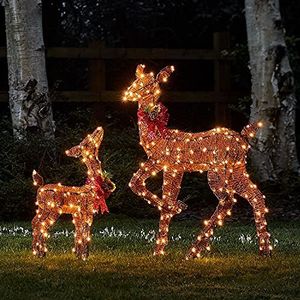 Lights4fun Harewood 300 LED glitter bruin rendier rotan rendier figuren moeder en kind met timer warm wit binnen en buiten kerstfiguur