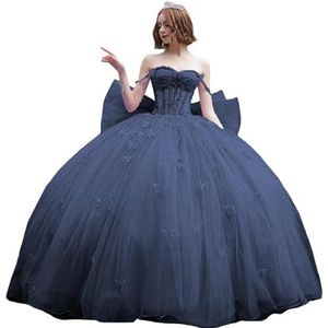 Fuomomo Quinceanera-jurk met dunne bandjes en vlinderglitter, Quinceanera-jurk met vlinders en grote strik, baljurk van kant met parels MT053, blauw (stormy blue), 48/Grote Maten