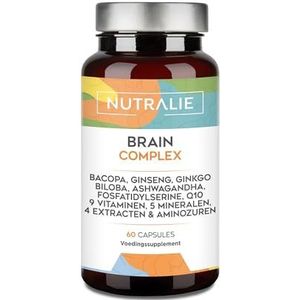 Nootropica Brain Complex - Concentratie - Geheugen - Bacopa Monnieri, Ginkgo Biloba, Ginseng, Choline, L-Tyrosine + Vitamines - Hersencomplex 60 Capsules Nutralie