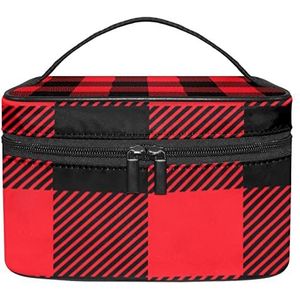 Rode zwarte geruite make-up organizer tas, reismake-up tas organizer case draagbare cosmetische tas voor vrouwen en meisjes toiletartikelen, Meerkleurig, 22.5x15x13.8cm/8.9x5.9x5.4in
