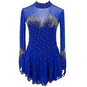 Nnnydjy Dames Kunstschaatswedstrijdjurk Gehaakte lange mouwen Ritmische gymnastiek danspakjes Meisjes artistieke ijsschaatsrok Glanzende kristal,Blauw,11_13Years