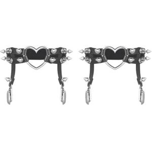 2 Set van 1x Vrouwen Lederen Dubbele Riem Hart Kousenband Elastische Klinknagel Stud Been Jarretelgordel, Zwart