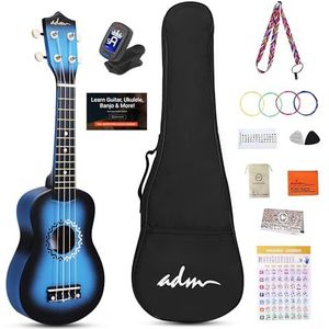 ADM Sopraan ukelele set voor kinderen en beginners, ukelele starterset met tas, clip-on tuner, regenboogsnaren, kleurrijke riem, plectrum, vingerboard stickers, akkoordkaart (blauw)