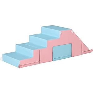 HOMCOM bouwstenen set van 2 bouwstenen tafel en stoel set glijbaan herconfigureerbaar design bouwspeelgoed schuimstof blokken voor 12-36 maanden kinderen kunstleer EPE roze + blauw 147/86 x 49 x 47 cm