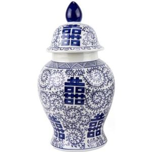 Gember Potje Keramische Vazen ​​gemberpot Met Deksel Voor Woondecoratie Blauw En Wit Modern Dubbel Gelukspatroon Tempelpot (Color : A, Size : 18.5 * 35cm)