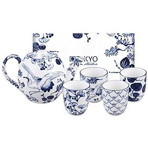 TOKYO Design Studio Flora Japonica theeset blauw-wit, 5 stuks, 1x theepot 1,25 l en 4x theekopjes 170 ml, Aziatisch porselein, Japans bloemmotief, incl. geschenkverpakking