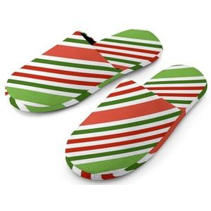 Kerst Rood Groen Strepen Volledige Print Vrouwen Slippers Warme Anti-Slip Rubber Zool Huisschoenen Voor Indoor Hotel 36-37_(5.5-6)