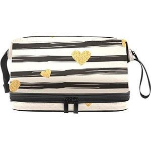 Grote capaciteit reizen cosmetische tas,Make-up tas,Waterdichte make-up tas Organizer, strepen gouden harten patroon, Meerkleurig, 27x15x14 cm/10.6x5.9x5.5 in