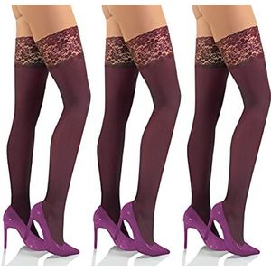 sesto senso 3 paar strapless kousen 50 DEN kant microvezel ondoorzichtig dames, 3 stuks - wijnrood, XL-XXL