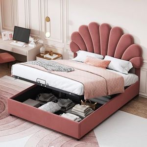 boorbin Gestoffeerd bed met gebloemd hoofdeinde en lattenbodem, met in hoogte verstelbaar hoofdeinde en hydraulische opbergruimte, juniorbed dubbel, huidvriendelijk fluweel, 140 x 200 cm (roze)
