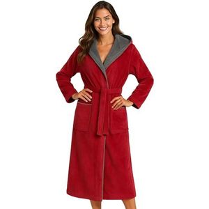 Morgenstern dames badstof badjas met capuchon van 100% katoen velour donkerrood grijs S