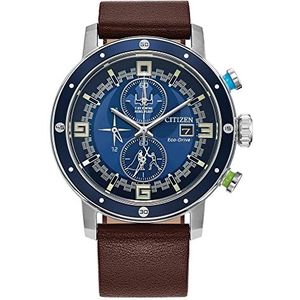 Citizen Heren Eco-Drive Star Wars Luke Skywalker chronograaf roestvrij stalen horloge met bruine lederen band, blauwe lunette, 44 mm (Model: CA0768-07W), zilverkleurig, chronograaf, zilverkleurig,