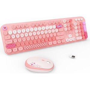 FOPETT Draadloos toetsenbord en muis combo - 2.4G full-size schattig kleurrijk retro toetsenbord met ronde keycaps 104 toetsen typemachine toetsenbord voor laptop/Windows/PC-roze kleurrijk