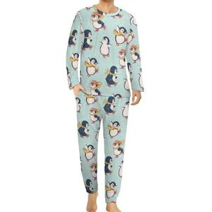 Schattige pinguïns heren pyjama set lounge wear lange mouwen top en onderkant 2-delige nachtkleding