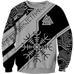 JHBTFQ Helm van Ontzag Hoodie 3D Gedrukt Aegishjalmur Symbolen Grijs Zwart Heren Casual Viking Pullover Cosplay Kostuums,Sweatshirt,3XL