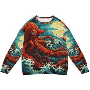 KAAVIYO Octopus rood blauw maan zacht sweatshirt met lange mouwen voor kinderen, trui met ronde hals, overhemden voor jongens en meisjes, Patroon, S