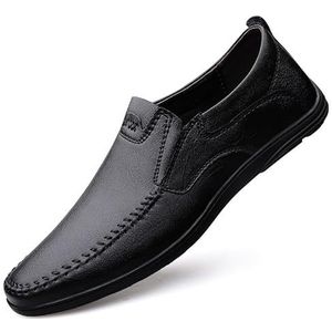 Heren loafers schoen effen kleur ronde neus lederen loafers platte hak lichtgewicht flexibele prom slip-ons (Color : Black, Size : 43 EU)