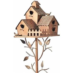 FACULX Metalen vogelhuis met paal, handgemaakte koperen huisje vogel huis staken, grote vogelhuizen voor binnenplaats achtertuin patio buiten tuin decor, rustplaats voor vogels, kolibrie huis