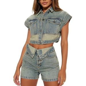LoprNsdgt Womens Y2K Vintage Patchwork Denim 2-Delige Shorts Set Button Down Jean Vest Leuke Outfits,Blauw,L