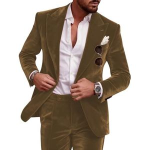 Fluwelen smokingpak voor heren, slanke pasvorm, 2-delige platte fleece jas, broekpak met piekrevers, Bruin, 3XL