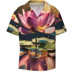 YJxoZH Lotuses Bloemen Roze Print Heren Jurk Shirts Casual Button Down Korte Mouw Zomer Strand Shirt Vakantie Shirts, Zwart, S