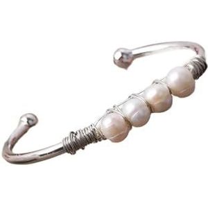 Natuurlijke Turkoois Chunky Kralen Gouden Open Manchet Armband for Vrouwen Barokke Parel Kralen Open Armband Bangle Sieraden (Color : Pearl Silver)