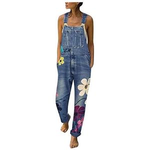 CHAOEN Dames Loose Fit Denim Tuinbroek Casual Gedrukt Baggy Jumpsuit Verontruste Lange Zachte Overalls Jeans Broek Broek, Blauw-01, XL