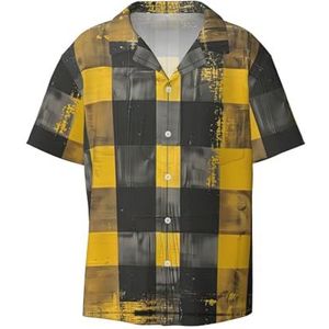 Geel Grijs Zwart Plaid Print Heren Jurk Shirts Casual Button Down Korte Mouw Zomer Strand Shirt Vakantie Shirts, Zwart, M