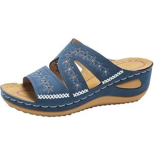 2024 Nieuwe Sleehak Slippers Dames Orthopedische Sandalen Vintage Bloemen Borduren Slippers Zomer Peep Toe Slippers PU Lederen Platform Slippers Vrijetijdsstrandschoenen (Color : Blue, Size : 37 EU