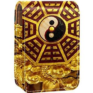 Draagbare Lipstick Case voor op reis,Mini Lipstick Opbergdoos met spiegel voor dames dames, Lederen cosmetische etui Yin Yang, Meerkleurig, 9.5x2x7 cm/3.7x0.8x2.7 in