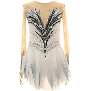 Handgemaakte kunstschaatsjurk for meisjes, lange mouwen schaatsjurk met strass for optredens en wedstrijden(XXS)