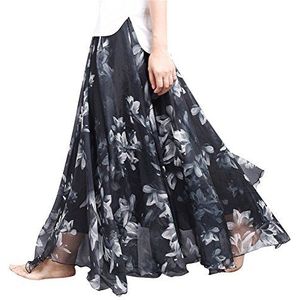 Dames chiffon maxi rokken bloemen bedrukte elastische hoge taille lange maxi rok, Bloemen, 90 CM (Waist 23.62-39.37 Inches)