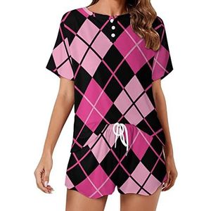 Zwart & Roze Argyle Zachte Dames Pyjama Korte Mouw Pyjama Loungewear met Zakken Gift voor Thuis Strand 3XL