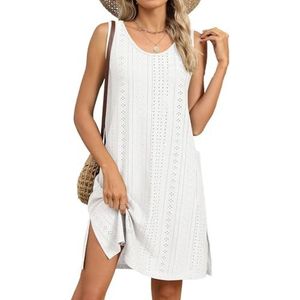 Badpakken for dames, mouwloze strandjurk, badpakken met bandjes en oogjes(White,XXL)