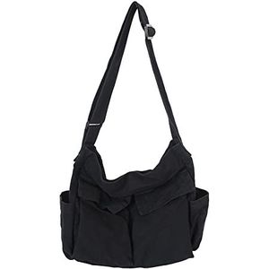 TIAASTAP Schoudertas van canvas, grote hobo-tas met meerdere zakken, ongedwongen tas met schouderriem, draagtas voor dames en heren, Zwart