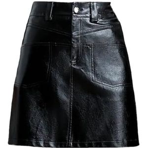 Dames lederen rok hoge taille rokken temperament slanke één stap rok zwart, Zwart, XXL