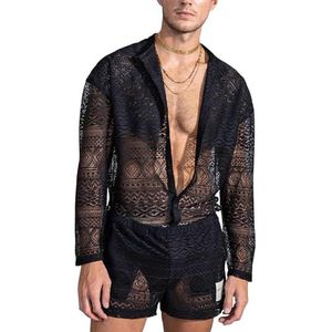 JHBTFQ Mesh Netpak Zomerset voor Heren, Hawaii Kant Spier Transparant Shirt met Lange Mouwen Clubwear,zwart,3XL