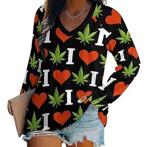 I Love Weed Dames Casual Lange Mouw T-shirts V-hals Gedrukt Grafische Blouses Tee Tops L