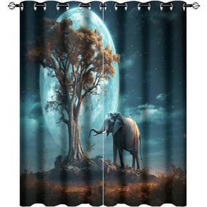 AEMYSKA Rustieke olifant verduisterende tule gordijnen voor slaapkamer maan boom natuur landschap moderne dier thermisch geïsoleerde gordijnen kamer verduisterende lichtblokkerende gordijnen 106 x 111